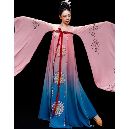 Women pink blue Hanfu fairy queen princess Wide-sleeved waterfall sleeves Hanfu dance costume classical dance Han Tang dynasty art examination dresses female adult